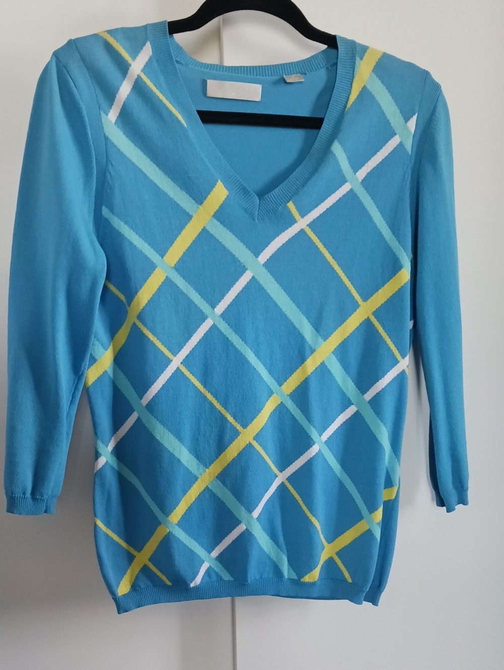Callaway Light Blue V-Neck Sweater with Yellow, White & Aqua Argyle